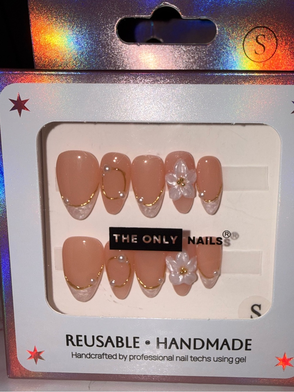 The Only Nails Nude Gold-Trim Press-On Nail Set with Floral Accent